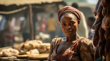 un' donna è sorridente mentre Tenere un' cestino di verdure ai generativo foto