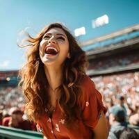 un' donna ridendo a un' baseball gioco stadio ai generativo foto