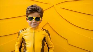 un' poco ragazzo nel un' giallo supereroe costume ai generativo foto