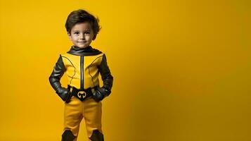 un' poco ragazzo nel un' giallo costume ai generativo foto