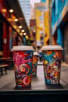 barista servito porta via caffè tazze contro graffiti foderato paesaggio urbano energizzante urbano vita foto