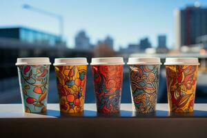 barista servito porta via caffè tazze contro graffiti foderato paesaggio urbano energizzante urbano vita foto