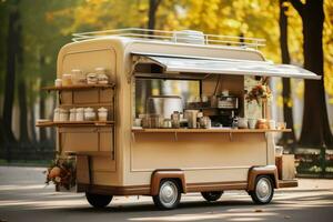 elegante caffè carrello nel il città parco sfondo con vuoto spazio per testo foto