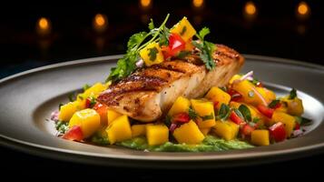 foto di Mango salsa pollo come un' piatto nel un' fascia alta ristorante. generativo ai