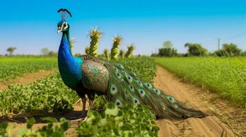 foto di un' pavone nel il terreno agricolo. generativo ai