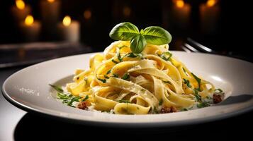 foto di Limone aglio burro pasta come un' piatto nel un' fascia alta ristorante. generativo ai