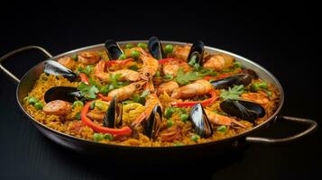 foto di frutti di mare paella come un' piatto nel un' fascia alta ristorante. generativo ai