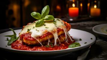 foto di pollo parmigiano come un' piatto nel un' fascia alta ristorante. generativo ai