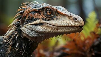 avvicinamento foto di un' velociraptor guardare nel loro habitat. generativo ai