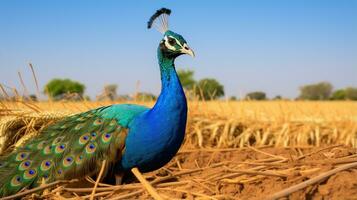 foto di un' pavone nel il terreno agricolo. generativo ai