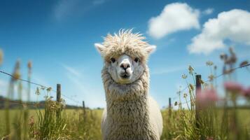 foto di un' alpaca nel il terreno agricolo. generativo ai