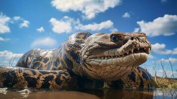 foto di un' anaconda sotto blu cielo. generativo ai
