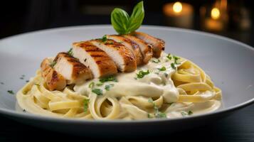 foto di pollo Alfredo come un' piatto nel un' fascia alta ristorante. generativo ai