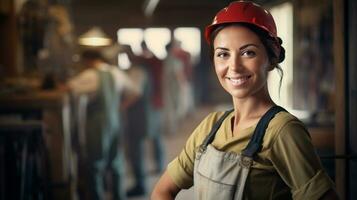 foto di femmina lavoratore Sorridi guardare telecamera. generativo ai