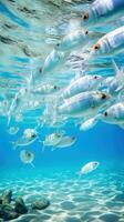 marino vita protezione. un' scuola di pesce nuotate nel cristallino acqua foto