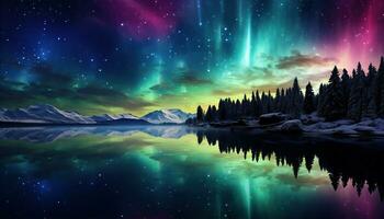 aurora Borealis lago nevoso alberi montagne. creato con generativo ai foto