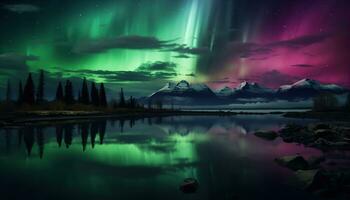 aurora Borealis lago nevoso alberi montagne. creato con generativo ai foto