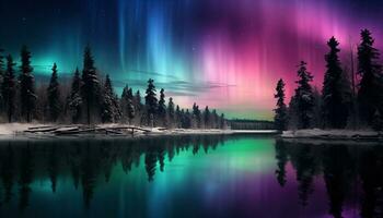 aurora Borealis lago nevoso alberi montagne. creato con generativo ai foto