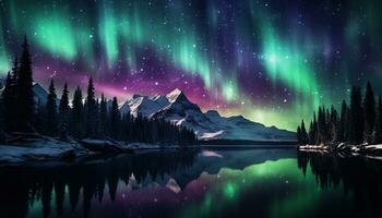 aurora Borealis lago nevoso alberi montagne. creato con generativo ai foto