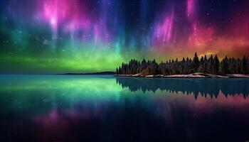 aurora Borealis lago nevoso alberi montagne. creato con generativo ai foto