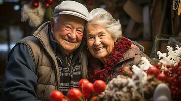 affettuoso anziano coppia all'aperto ritratto indossare caldo Natale vacanza abbigliamento. generativo ai. foto