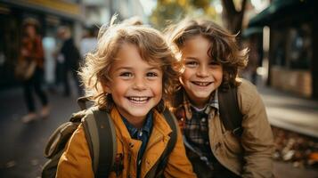 contento e eccitato giovane bambini alunno amici a piedi su il città universitaria di loro scuola - generativo ai. foto