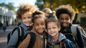 contento e eccitato multietnico giovane bambini studenti a piedi su il città universitaria di loro scuola - generativo ai. foto