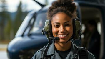 femmina africano americano militare elicottero pilota in piedi vicino sua aereo - generativo ai. foto