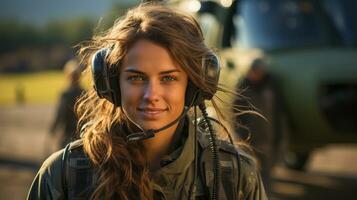 femmina militare elicottero pilota in piedi vicino sua aereo - generativo ai. foto