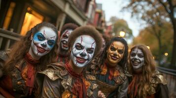 parecchi adolescenti vestito su come pagliacci per Halloween a piedi giù il marciapiede insieme - generativo ai. foto