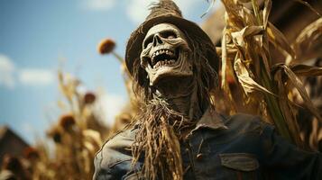 spaventoso Halloween scheletro headed figura e corpo all'aperto nel il nazione - generativo ai. foto