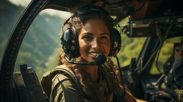 femmina africano americano militare elicottero pilota nel il cabina di pilotaggio - generativo ai. foto