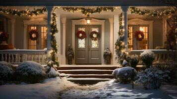 bellissimo Natale decorato davanti porta e veranda di un' Casa su un' inverno sera. generativo ai. foto