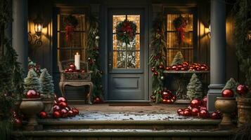 bellissimo Natale decorato davanti porta e veranda di un' Casa su un' inverno sera. generativo ai. foto