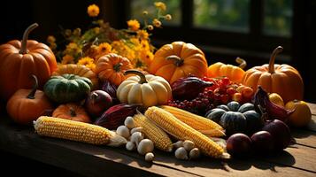 collezione di delizioso maturo zucche, frutta e verdure su il tavolo - generativo ai. foto