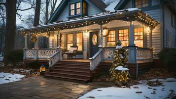 bellissimo Natale decorato davanti porta e veranda di un' Casa su un' inverno sera. generativo ai. foto