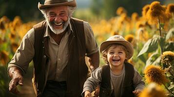 nonno e nipote ridendo e in esecuzione nel il azienda agricola campo - generativo ai. foto