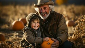 Nonno e nipote Tenere un' zucca a il zucca toppa azienda agricola su un' autunno giorno - generativo ai. foto