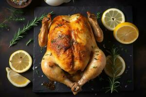 fatti in casa grigliato fritte arrostito pollo rosticceria con timo Limone avvicinamento ai generato foto