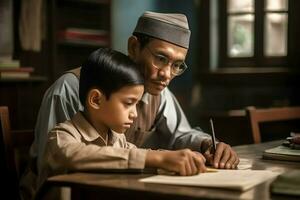 indonesiano maschio insegnante con il suo alunno foto