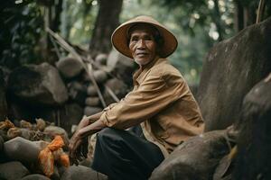 indonesiano uomo opera come contadino foto