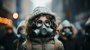 bambino indossare maschera per proteggere a partire dal smog e aria inquinamento ai generato foto