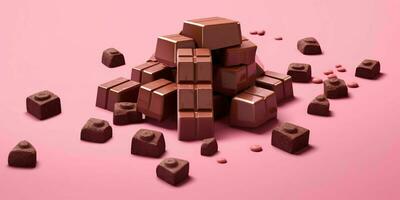 pezzi di cioccolato isolato su rosa sfondo. delizioso cioccolato sbarra. generativo ai foto