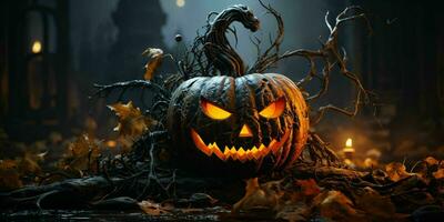 pauroso Halloween zucca con un' raccapricciante Sorridi. il male Jack o' lanterna su spaventoso sfondo. generativo ai foto