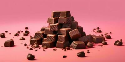 pezzi di cioccolato isolato su rosa sfondo. delizioso cioccolato sbarra. generativo ai foto