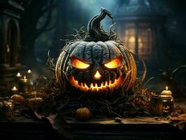 pauroso Halloween zucca con un' raccapricciante Sorridi. il male Jack o' lanterna su spaventoso sfondo. generativo ai foto