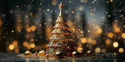 d'oro Natale albero con scintillante luci. generativo ai foto