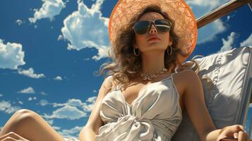 bellissimo donna nel occhiali da sole e cappello seduta nel un' sole lettino su un' soleggiato giorno su il spiaggia foto