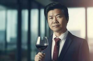asiatico carino uomo d'affari vino bicchiere. creare ai foto