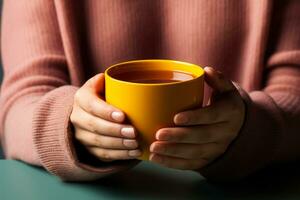 persona sorseggiando caldo tè combattendo autunno influenza isolato su un' pendenza sfondo foto